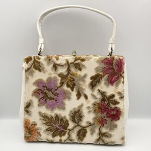 Vintage 1960s Garay Floral Tapestry Frame Handbag White Handle Gold Trim Carpet